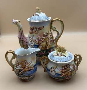 Vintage SGK Occupied Japan Porcelain Tea Set Sugar Bowl MINT Teapot Creamer READ
